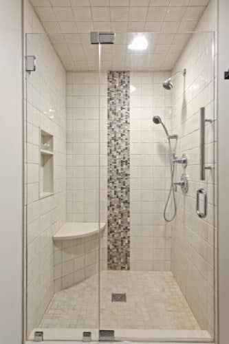 Tile shower with niche and corner seat